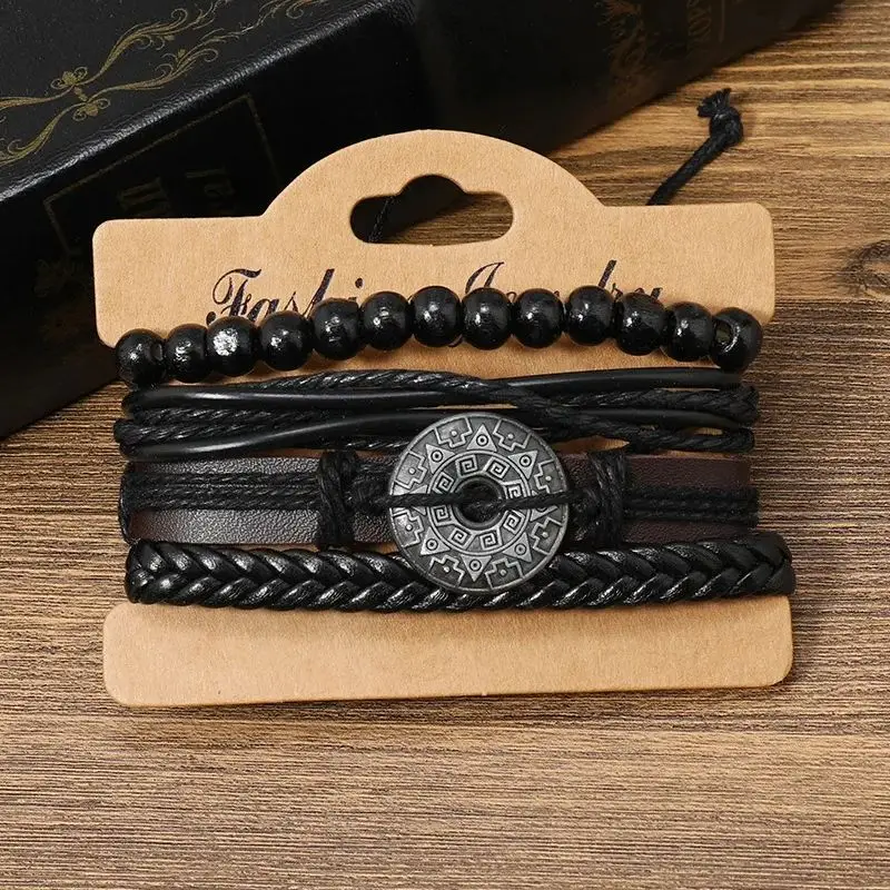 Vintage 4Pcs /set Bracelet for Man Hand-woven Bracelet Set Retro Beads Leather Bracelet Trend Bracelet Jewelry Hand Band for Men