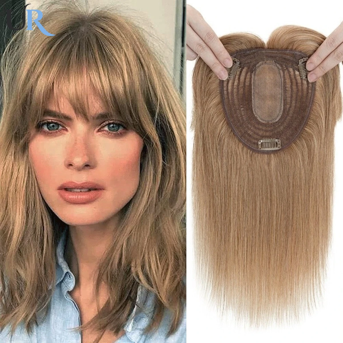 

Women Hair Topper With Bangs 100% Human Hair Toppers Clip In Hairpieces Blonde Natural Straight Hair Wigs Silk Base Wig 35cm