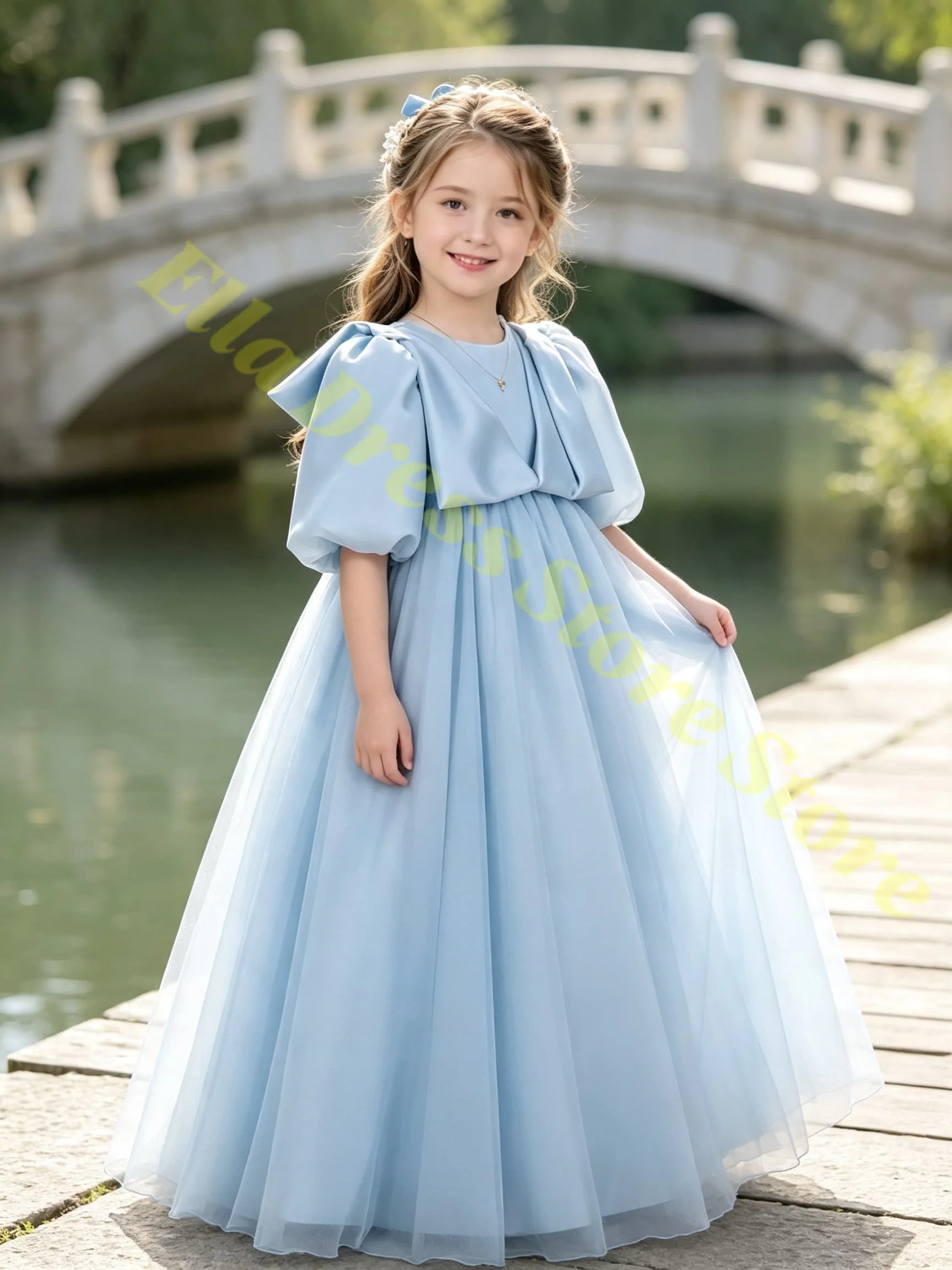 Mädchenkleid Satin Rosa Puffärmel Schleife Blumenmädchenkleid für Hochzeit Abendkleid Formelle Empfänge Partys Maßanfertigung Großhandel – Detail 2