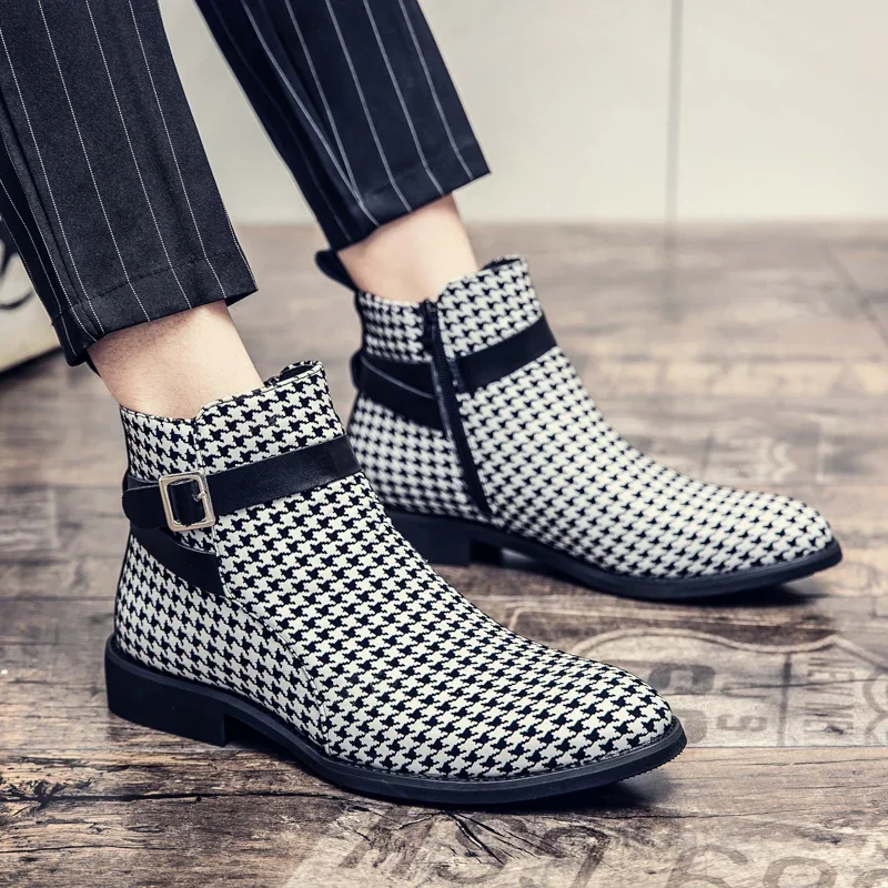 Ankle Boots for Men Business Plaid Buckle Strap Pu Leather Cowboy Boots Chelsea Boots Men