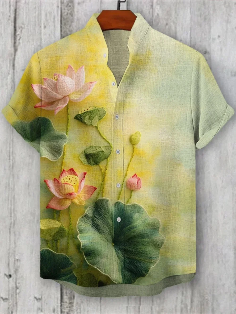 

Summer men's printed shirt, short sleeved stand up collar floral shirt, fashionable casual social party men's plus size top