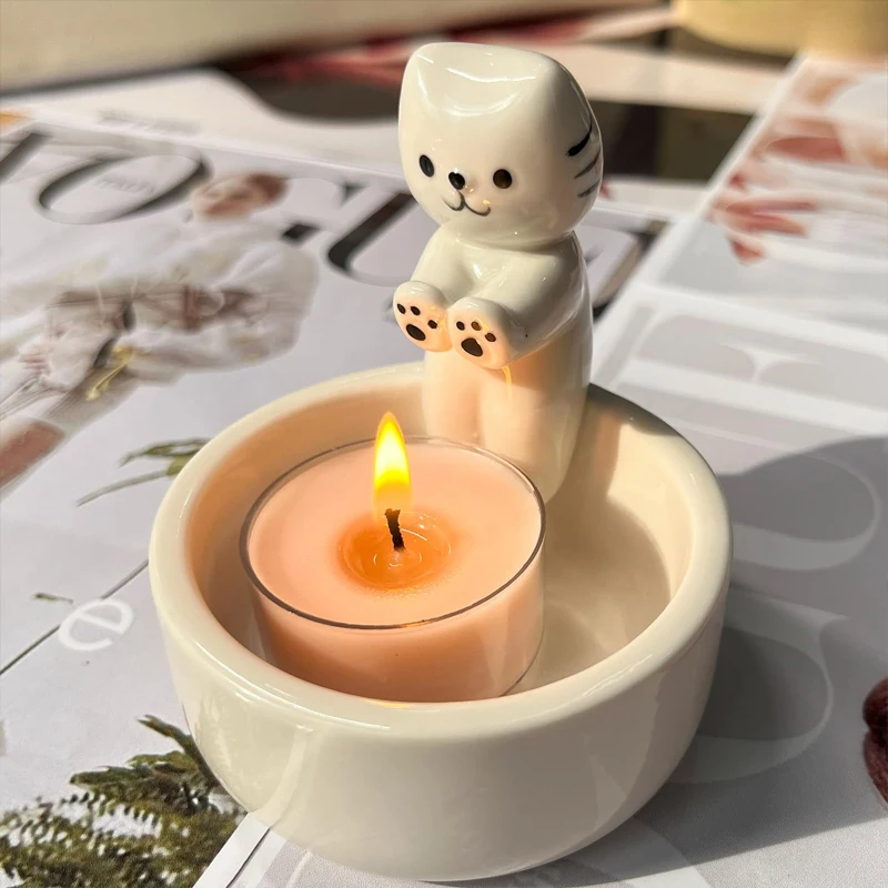 Candle Holder Candlestick Cat Desktop Decorations Cartoon Kitten Cat Aromatherapy Tea Light Candle Holder Home Decor Gift