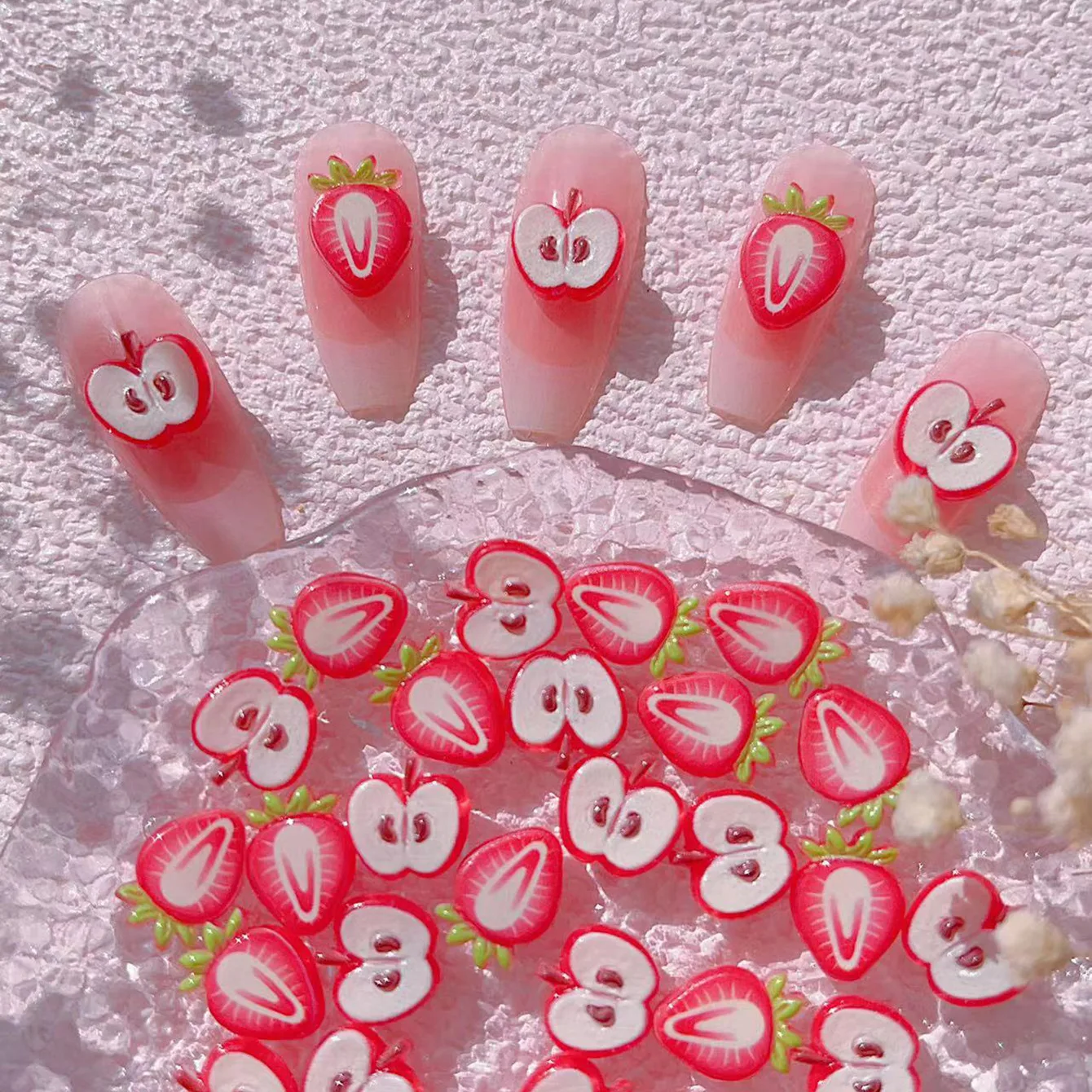 20PCS Red Nail Accessories Charms 3D Apple Strawberry Patch Cartoon Fruit Cute DIY Nail Art Decoration Diamond Supplies Parts