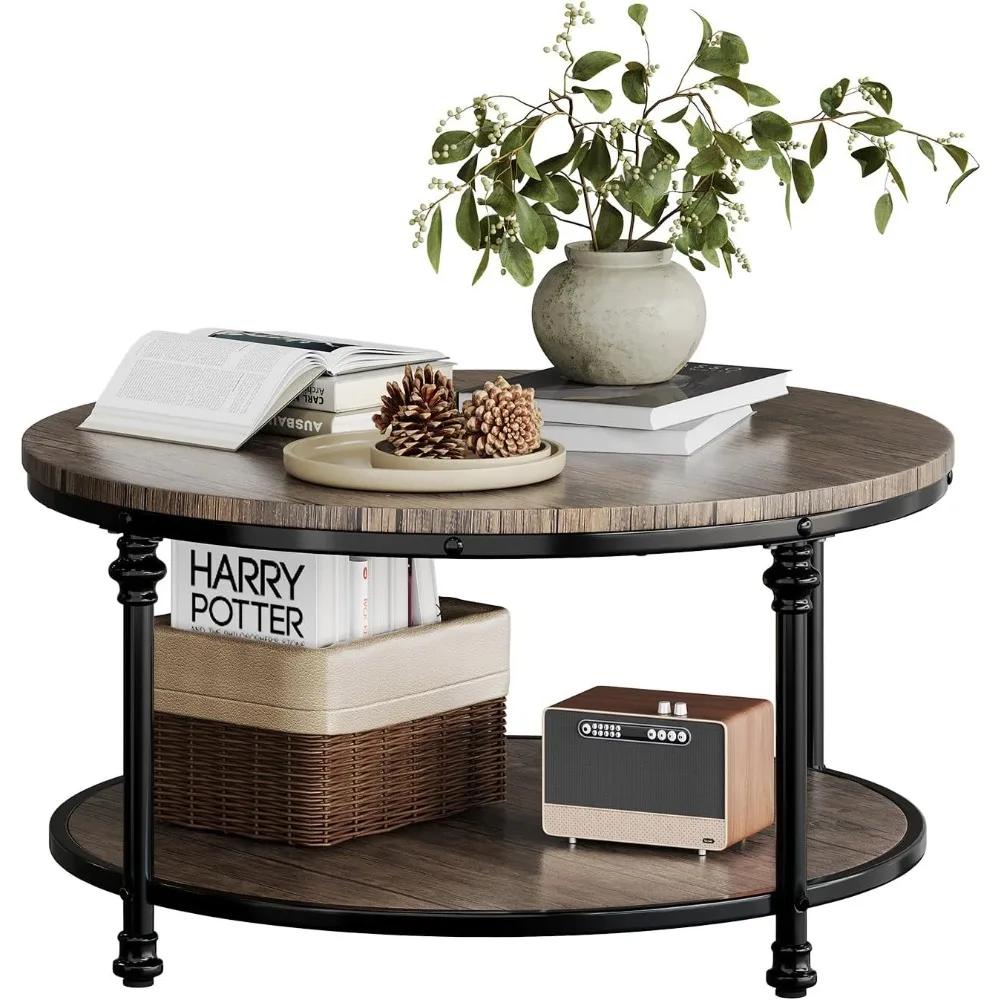 

2-Tier Round Wood Coffee Table with Storage Shelf & Roman Column Metal Frame – Rustic Circle Center Table with Easy Assembly for