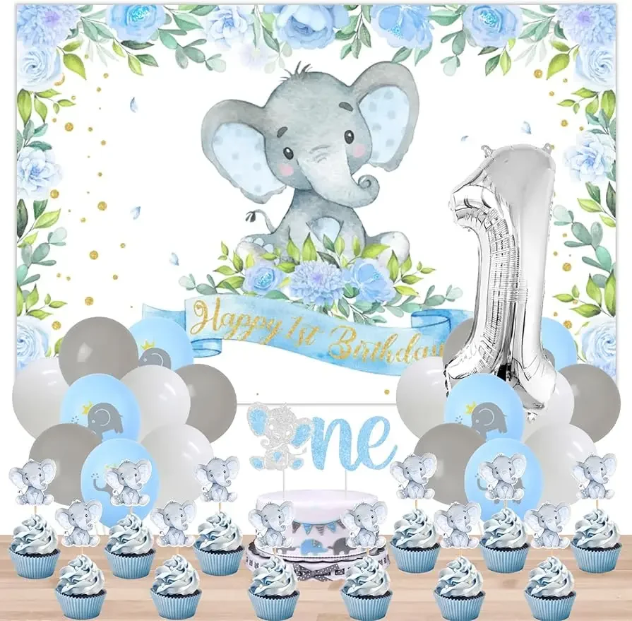 

FANGLELAND Elephant 1st Birthday Decorations for Boys - Cake Cupcake Toppers Backdrop Number One Foil Balloon Party Supplies