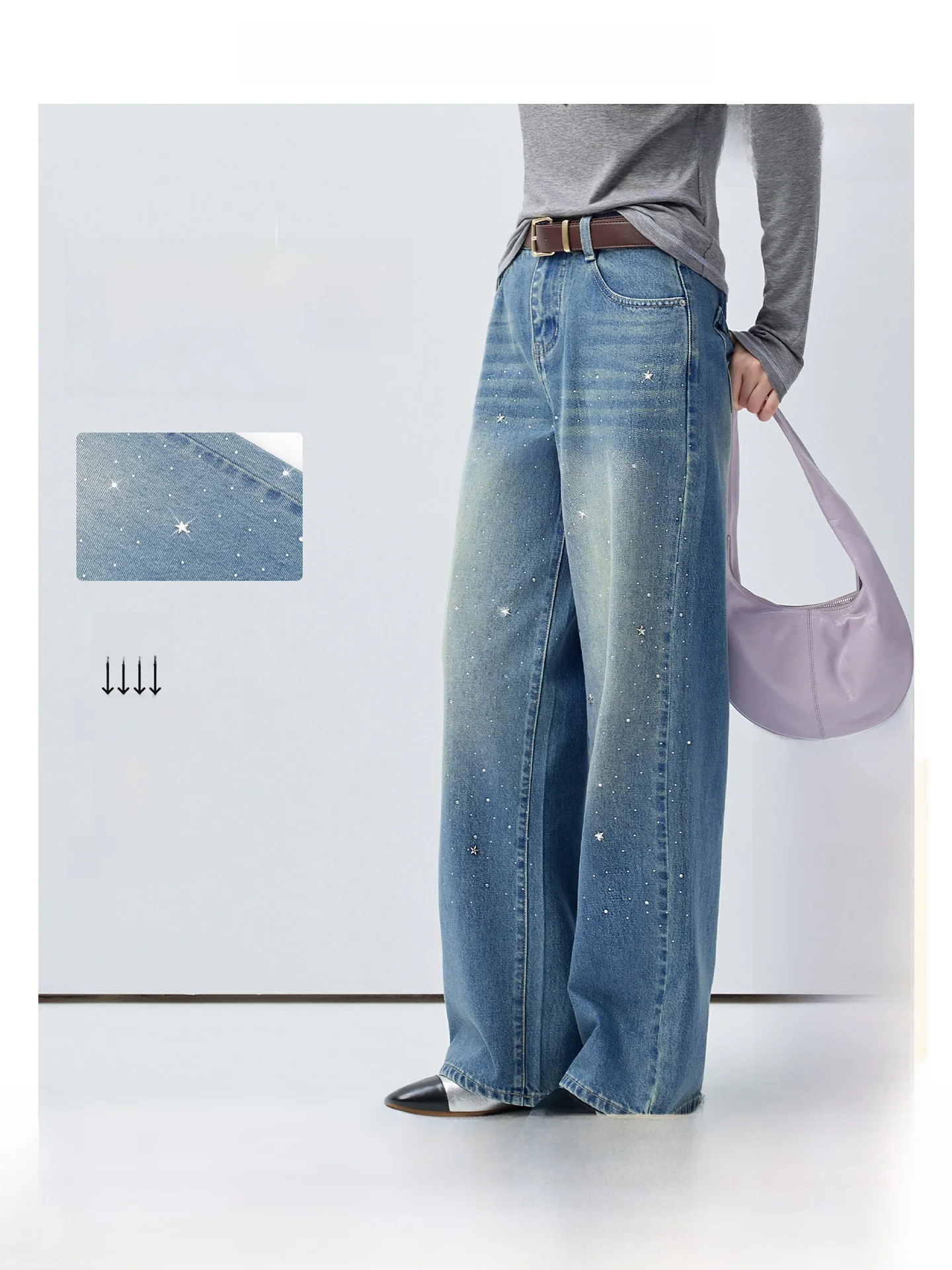 

VEGA CHANG Glittering Straight Leg Diamond Embellished Women's Jeans Sweet Cool Slimming High Waist Commute Style Spring New