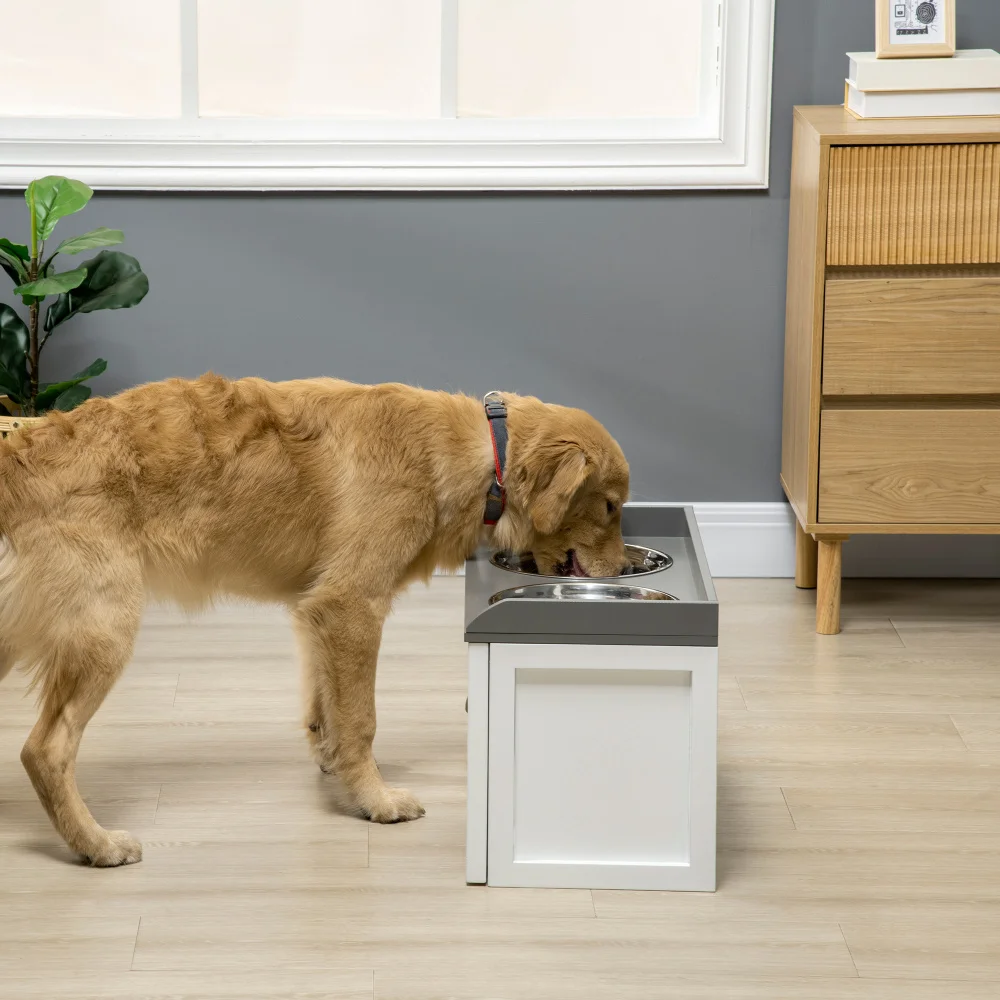 PawHut Dog Feeding Station with Storage Drawer, 2 Removable Elevated Bowls for Large Dogs, White