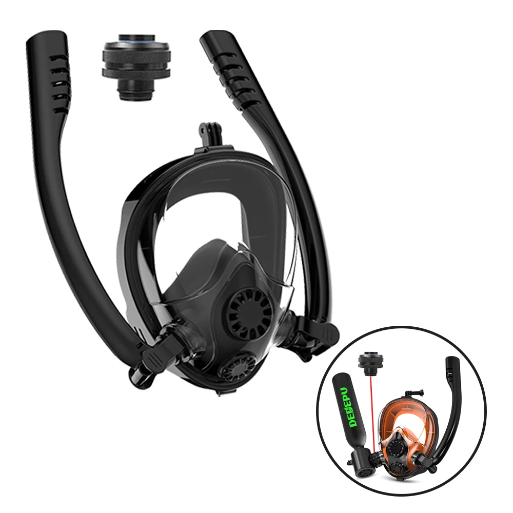 DEDEPU Snorkelling Full Face Mask 180° Double Hose Breathing Separate Panoramic Camera Mount Silicone Lining with Adapter