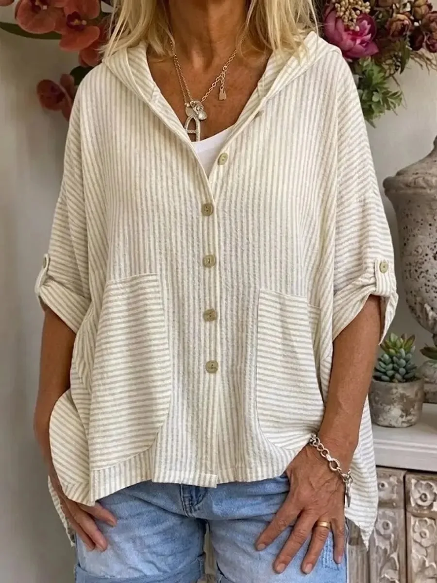 Women Striped Hooded Shirt Button Down Short Sleeve Blouse With Pockets Casual Loose Summer Linen Blend Tunic Tops Ladies Shirt