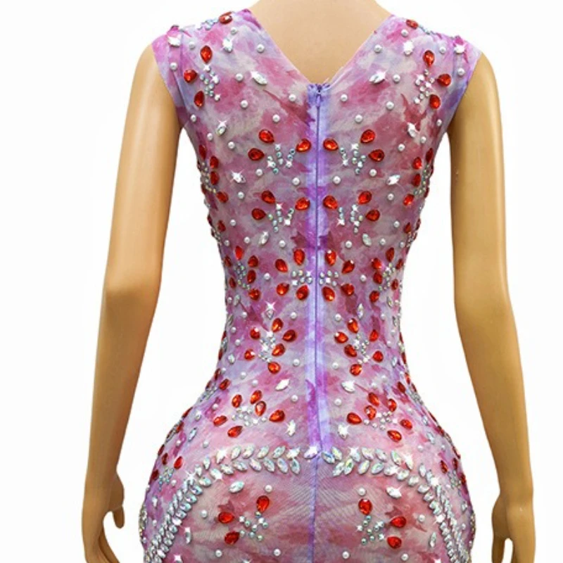 Novo modelo glamouroso rosa diamante vestido de festa de aniversário palco desempenho traje boate bar cantor banquete magro roupa brilhante