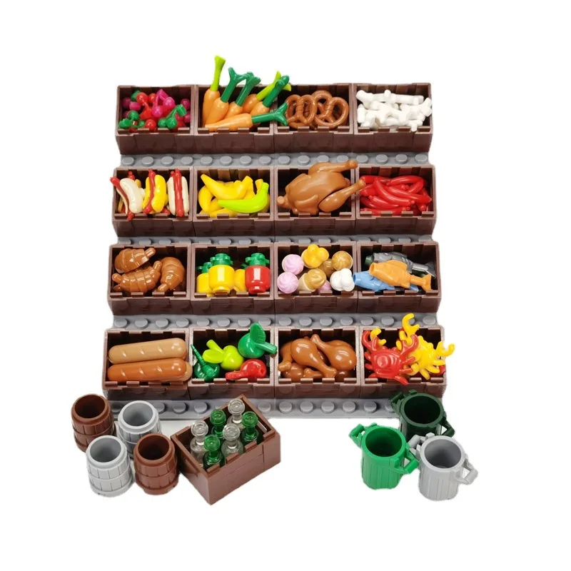 Food Market Display Rack City MOC Building Blocks Bread Chips Roast Chicken Seafood Fruit Basket Bricks Toy Compatible With LEGO