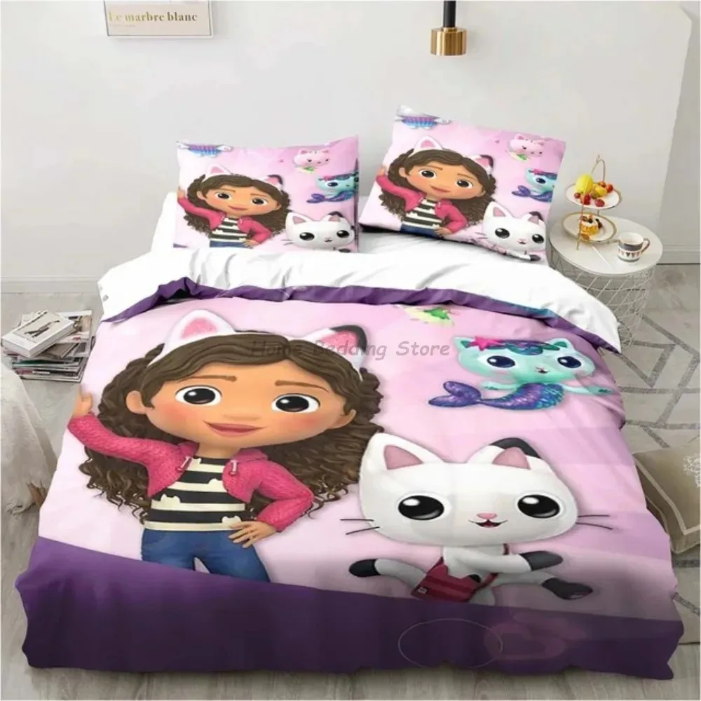 Cartoon Gabby Dollhouses Duvet Cover Set,Harajuku Gabby Dollhouse Bedding Set,Children Cartoon Pillowcase Kids Cute Bedding Set