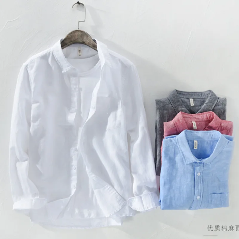 Mens Cotton Linen Shirt Breathable Casual Solid Colors Loose Turn-down Collar Long Sleeve Button Down Blouse Tops Shirts For Man