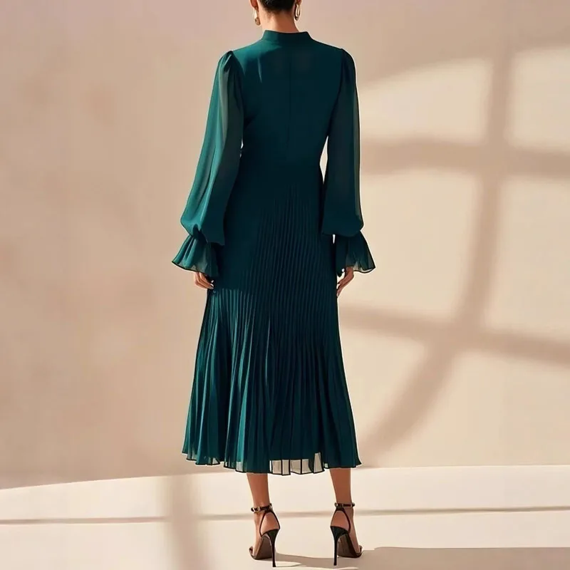 

Шикарное весеннее платье нестандартной формы с круглым вырезом и рюшами, женское однотонное плиссированное длинное платье с высокой талией, новое осеннее расклешенное банкетное платье с длинными рукавами