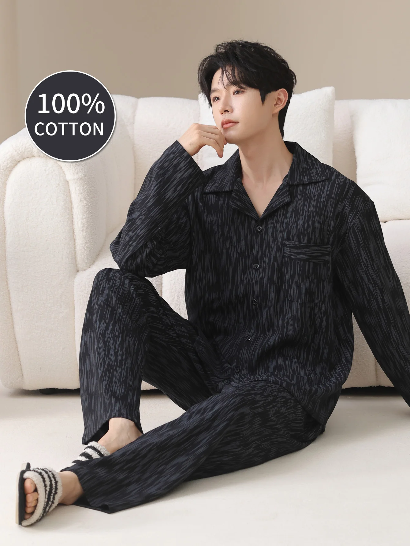 ملابس نوم رجالية 100% قطن بأكمام طويلة للفصول الأربعة مقاس كبير، طقم بدلة منزلية من القطن الخالص للمراهقين للدفء