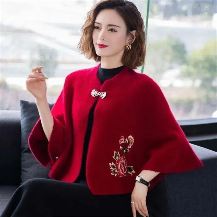 Women Imitation Mink Velvet Sweater Short Knitted Shawl Coat Autumn Winter Thicken Embroidered Cloak Elegant Cardigan Jacket