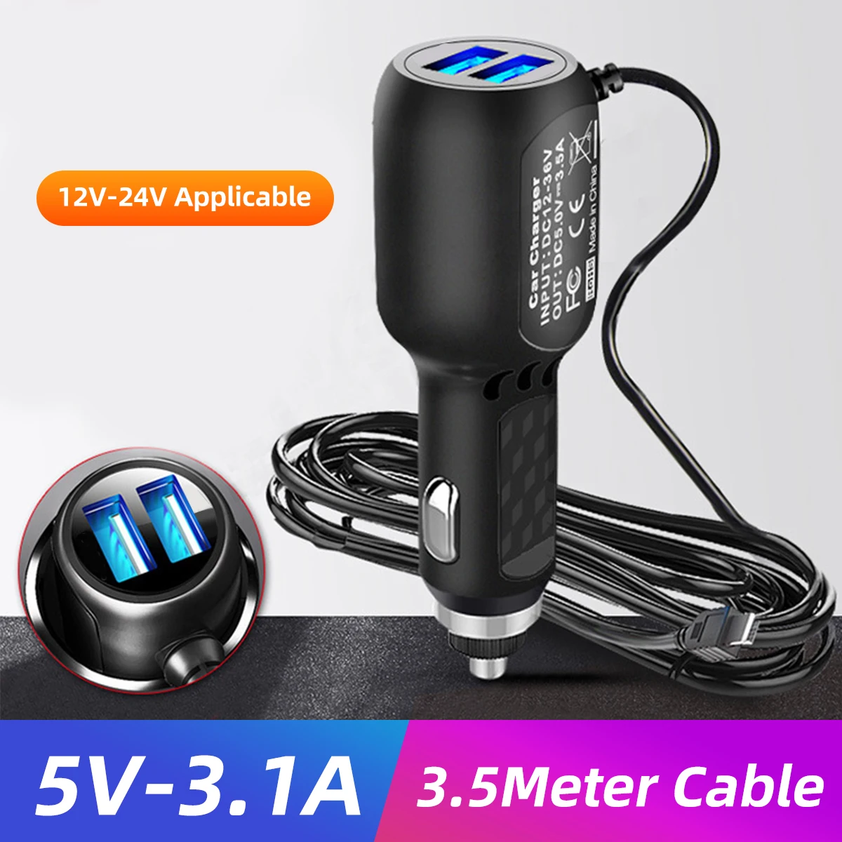 2 USB Ports USB Car Charger Adapter With 3.5m Cable For DVR Dash Camera GPS Video Recorder QC3.0 Mini Micro USB Power Charger