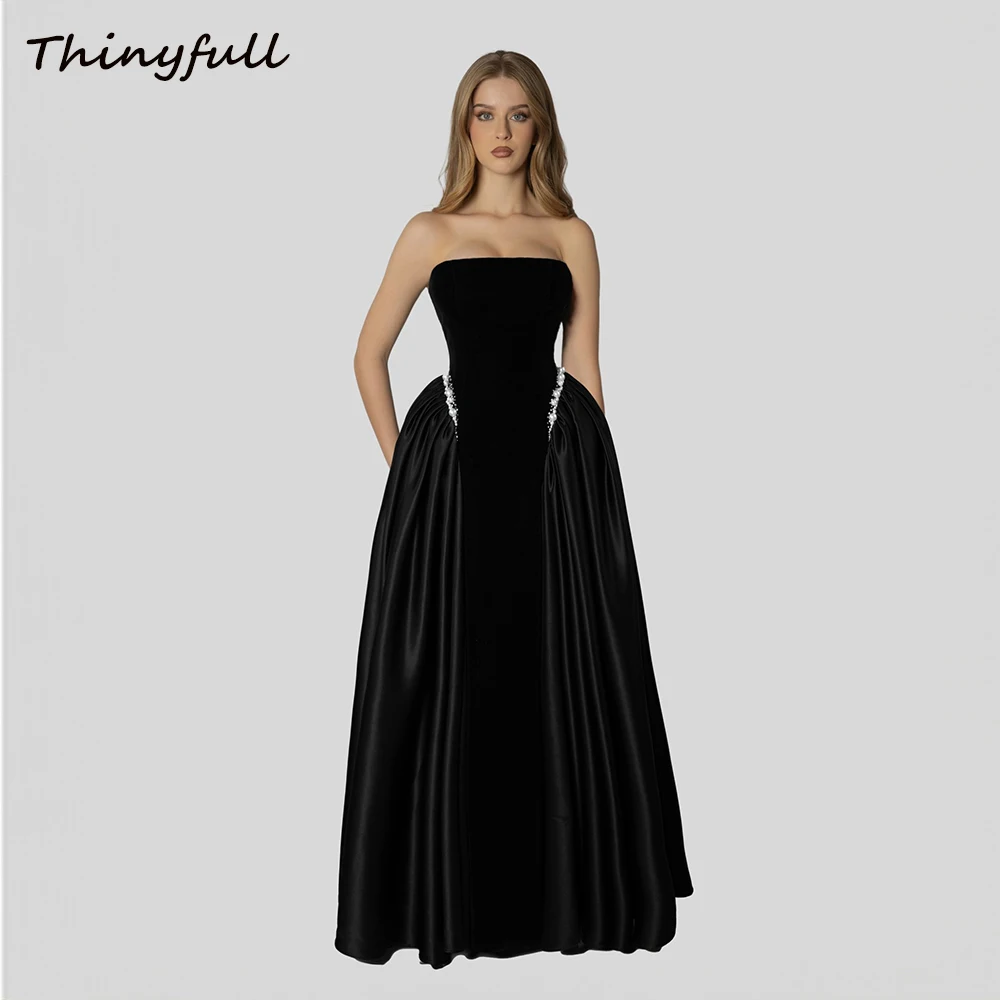 

Thinyfull A-line Satin/Velvet Prom Dresses Strapless Sleeveless Pearl Evening Party Dress Formal Gown robes de soirée Customized