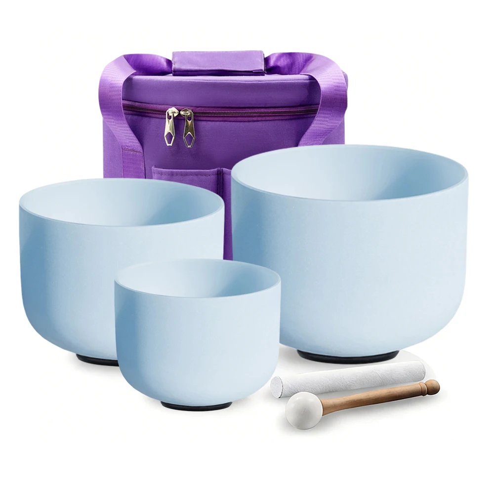 Hye-eun 8-10inch 3pcs Blue High Quality Crystal Singing Bowl Set for Energy Healing,Tibetan Sound Bath Singing Bowls with Bag