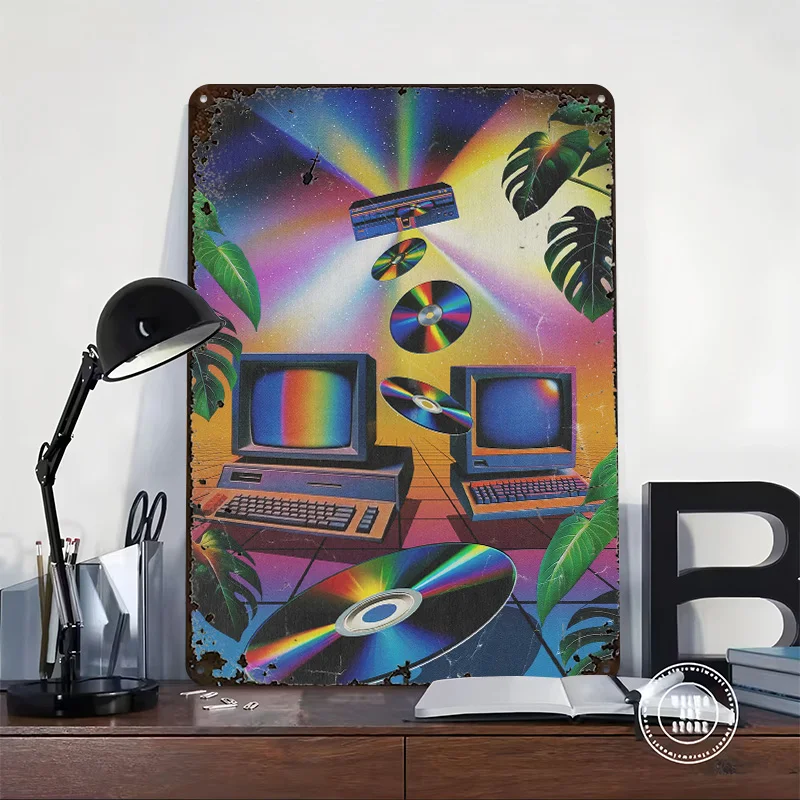 Retro Computer and CD Landscape Printed Poster Customized Wall Art Retro Vintage Metal Tin Signs for Decoration Home Decorations