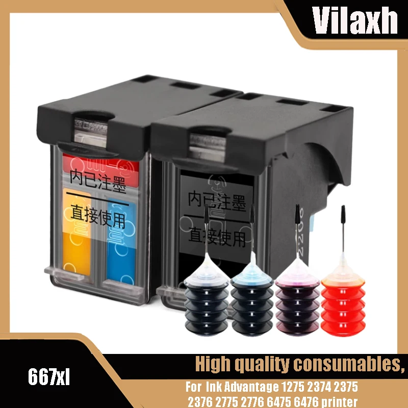 Vilaxh For HP 667xl 667 Ink Cartridge for HP667 667 xl DeskJet Ink Advantage 1275 2374 2375 2376 2775 2776 6475 6476 printer