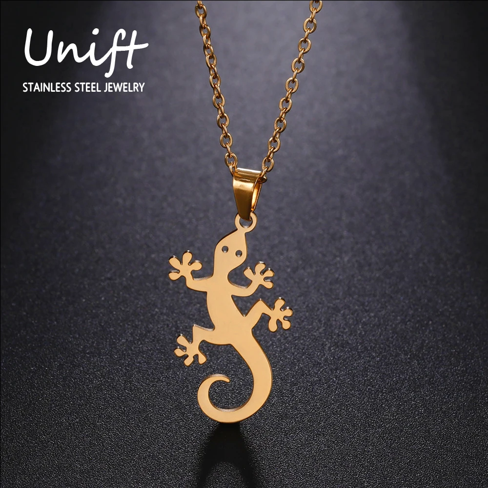 Unift Lucky Lizard Gecko Necklace for Women Stainless Steel Chain Necklace Fashion Wildlife Reptile Jewelry Salamander Pendant