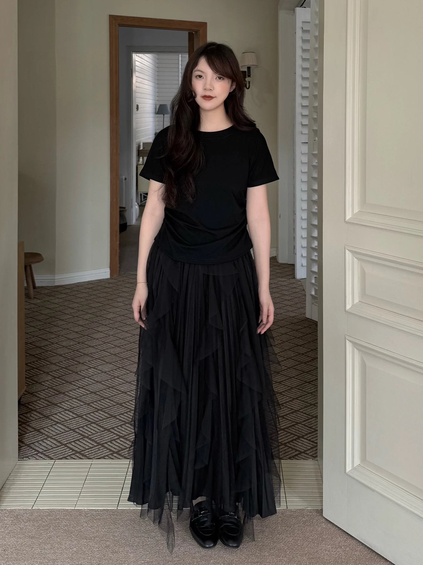Land And Mountain Island Layered  A-Line Pleated Elastic Waist Double Layered Tulle Lace Hem Half Skirt Women's Fashion
