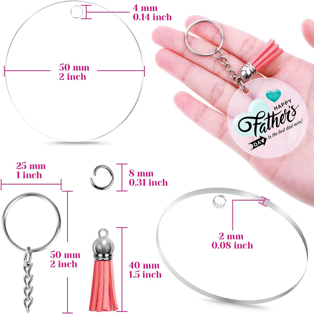 120PCS Acrylic Clear Circle Discs Keychain Set Round Acrylic Keychain Blank Leather Tassel Pendant Jump Rings DIY Keychain