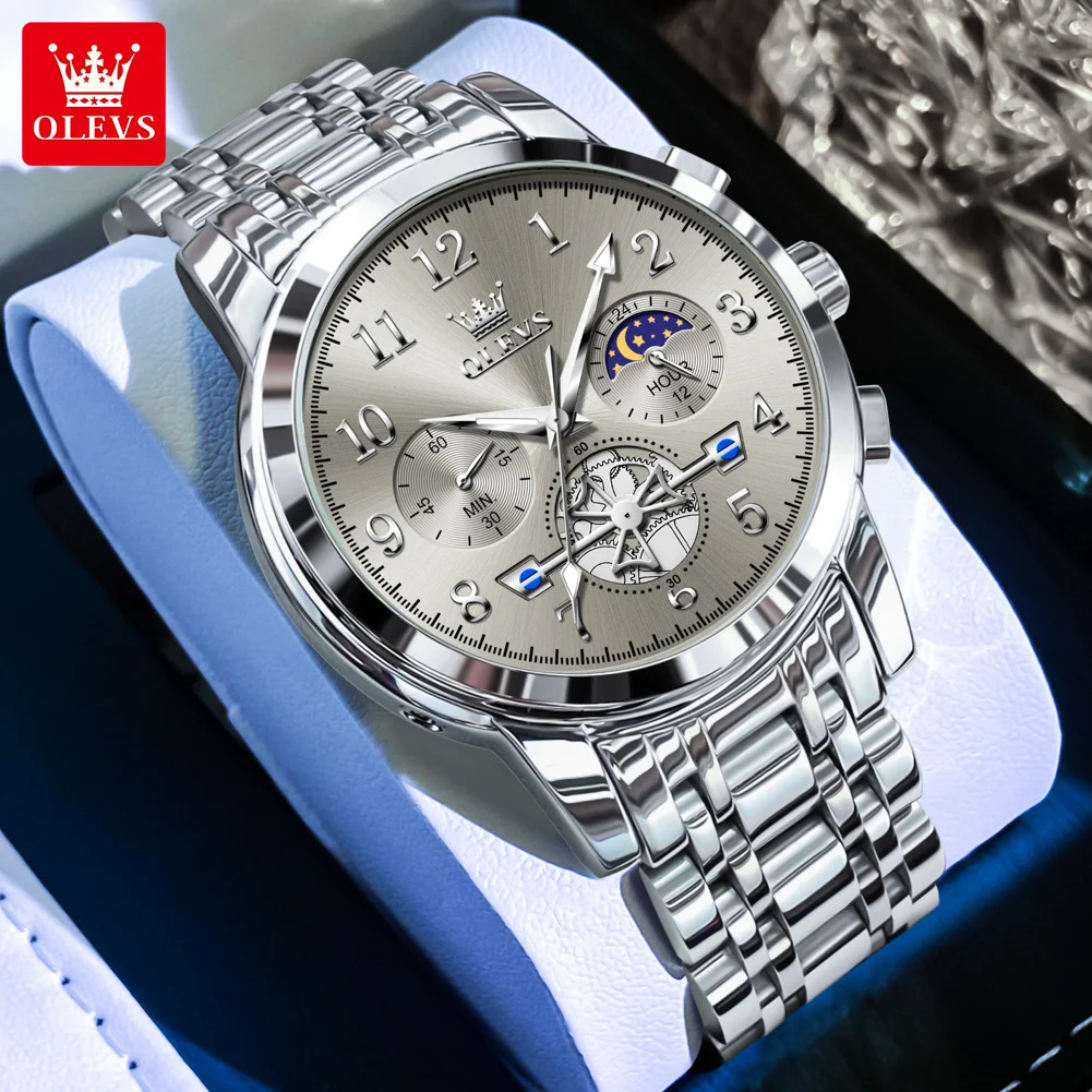 OLEVS Original High Quality Watch for Men Stainless Steel Mens Watch Moon Phase Luminous Luxury Quartz Men's Wristwatches 2900