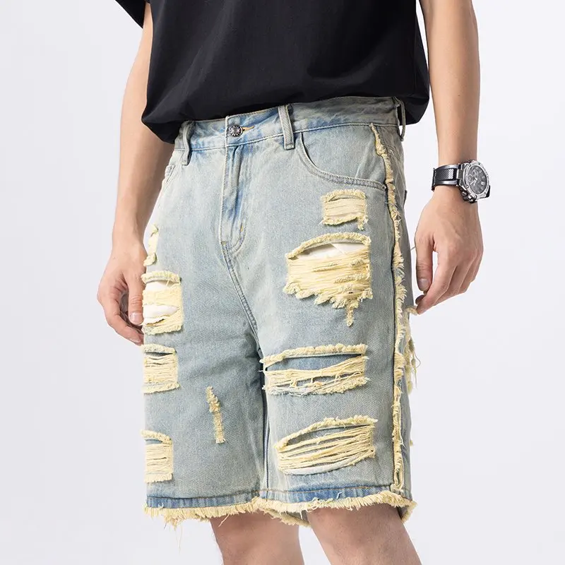 Men High Street Hip Hop Vintage Loose Casual Hole Denim Jeans Shorts Jorts Man Summer Streetwear Short Ripped Jeans Pants