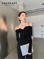 CHEERART Off The Shoulder Sexy Black Knit Top Long Sleeve Tees Button Up New In Knitwears Night Club Fashion Top Clothing