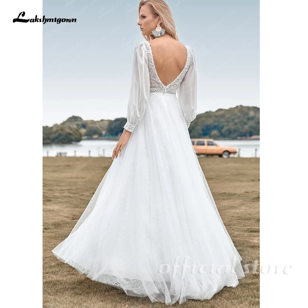 Laksh migown Puffy Langarm Spitze Chiffon Boho V-Ausschnitt Brautkleid für Frauen 2024 rücken freies Brautkleid Vestidos Boda Civil