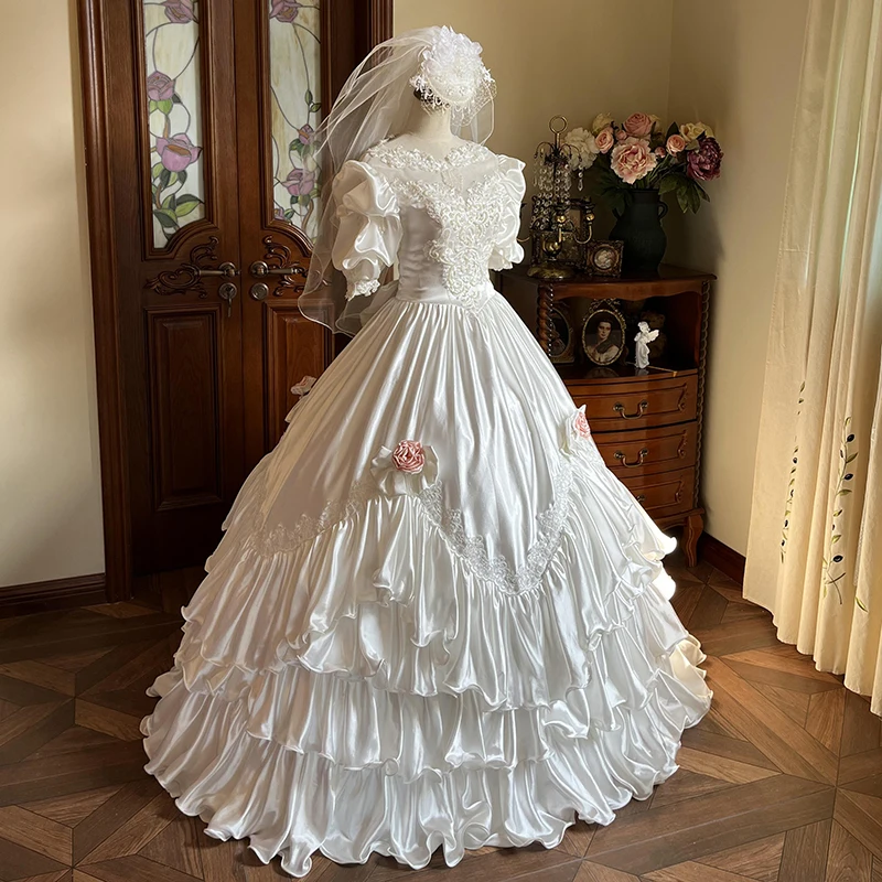 AnXin SH classic princess white satin pink rose flower o neck lace crystal short sleeve big bow party customized wedding dress