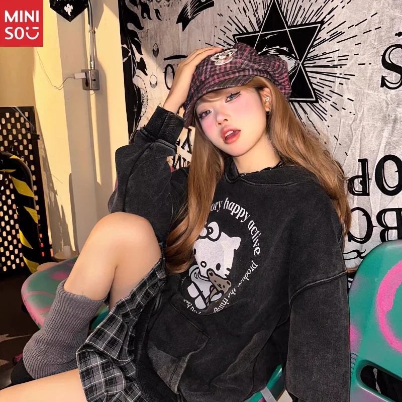 

Miniso Vintage Hello Kitty Hoodie, Washed Distressed Pullover for Women