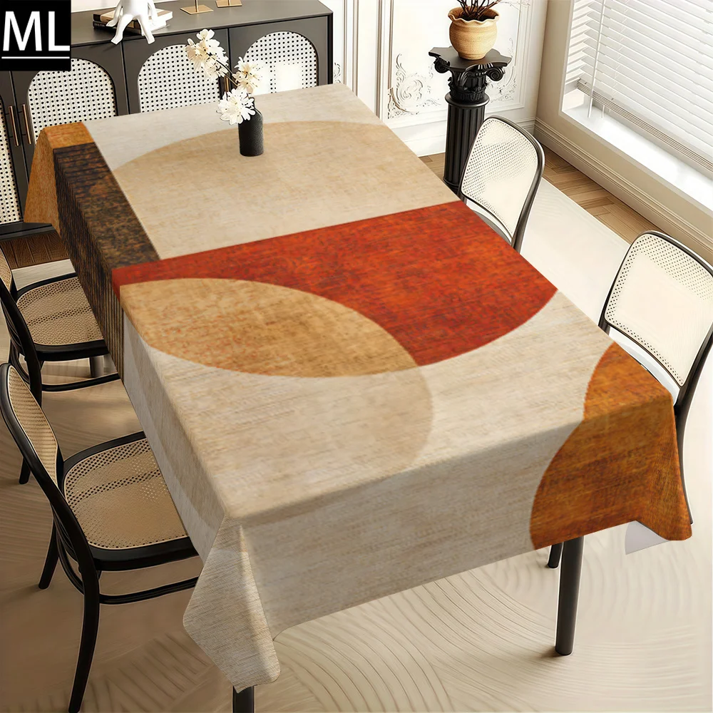 Dining table set featuring vintage geometric printed tablecloth with a beige background and overlapping circles
