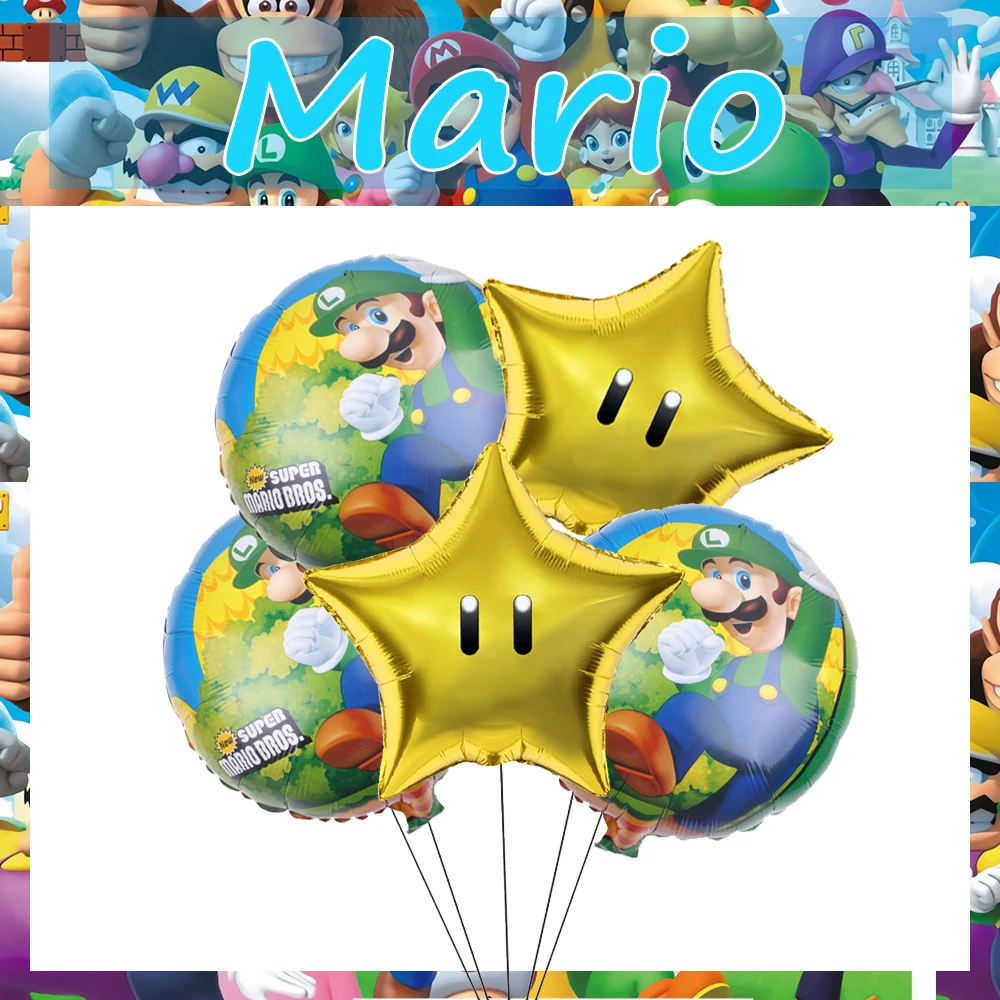 Marioed Luigi 5Pcs Round Foil Ballon Sets Party Supplies Boys Girls Favors DIY Aluminium Film Party Decoration Family Event Gift