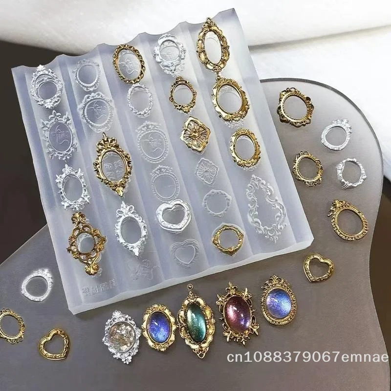[ZYAS]Retro Picture Frame Gem Baroque Shell Carving 3D Relief Manicure Templates Nail Art Transparent Silicone Nail Mold