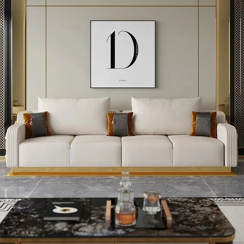 طقم أريكة جلدية فاخرة حديثة مع أريكة خشبية، أريكة بمقعد 2/3/4، أريكة جلدية لغرفة المعيشة تقبل لونًا مخصصًا