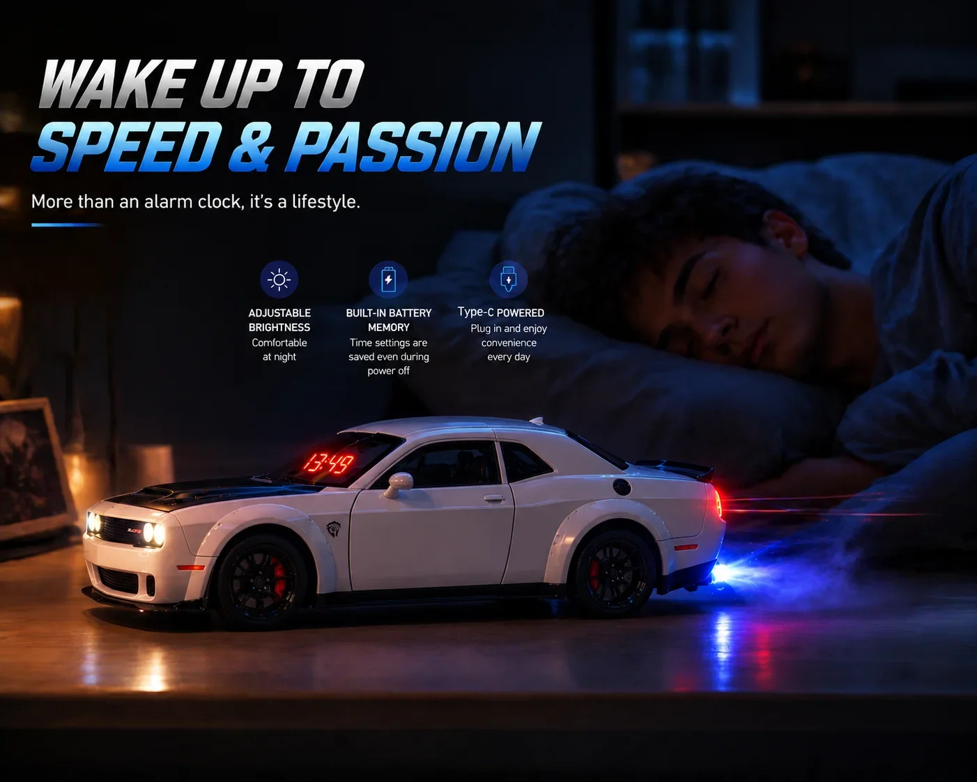 Sports Car Alarm Clock with Engine Sound Water Spray LED Lights Rechargeable Supercar Model Clock for Car Lovers2026New Trending