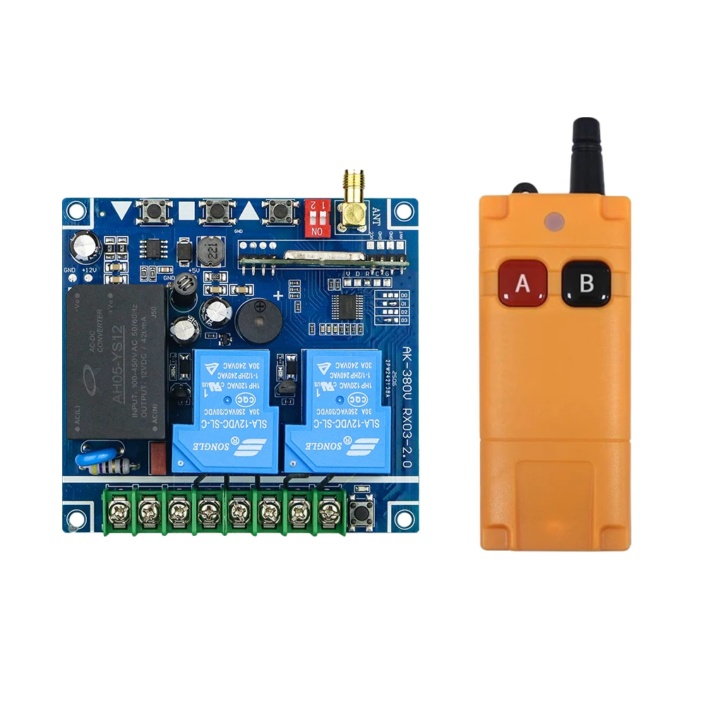Wide Voltage 380V AC220-380V 433MHz 30A Relay RF Remote Control Switch Set Industrial Learning Mode For Motor Hoist Overhead