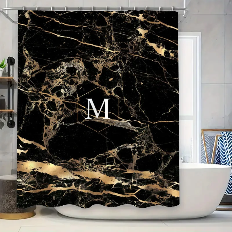 Luxury Golden Marble Shower Curtain with Initial: Bathroom Decor, Custom Size Available Modern Home Accessories for Bathtub Spa