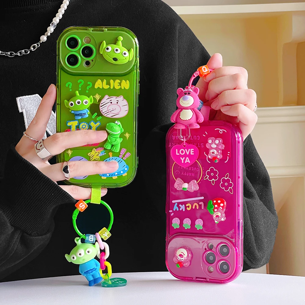 Cartoon 3D Doll Toy Story Alien Lotso Candy Color Mirror Stand Holder Phone Case For iPhone 7 8 11 12 13 14 15 16 17 Plus Pro