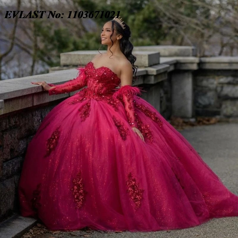 EVLAST Customized Pink Quinceanera Dress Ball Gown Shiny Lace Applique Beading Corset Sweet 16 Vestidos De XV 15 Anos SQ168