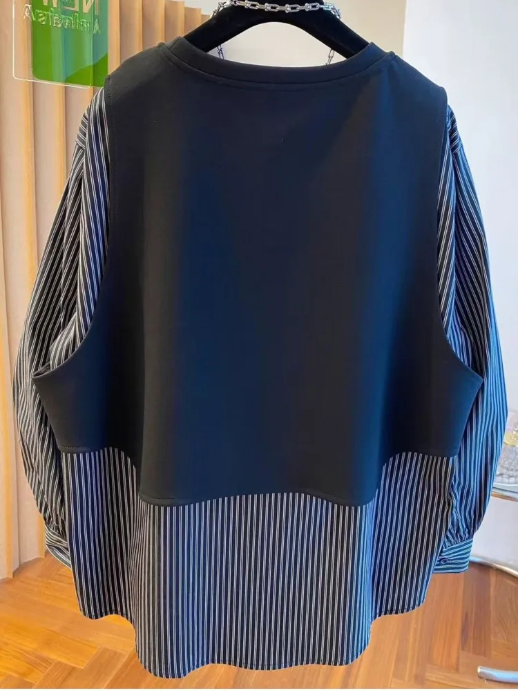 เสื้อเชิ้ตลายทางสไตล์แพทช์เวิร์คแบบสองชิ้นหลอกๆ สำหรับผู้หญิง แขนยาว ทรงหลวม ดีไซน์ไม่ซ้ำใคร สวมใส่สบาย ระบายอากาศได้ดี