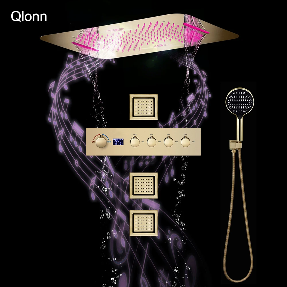 

Элитный душевой набор Qlonn с 4 функциями: смесители для ванной комнаты, горячая и холодная вода, дивертор, потолочная LED-музыкальная душевая лейка, массажные форсунки