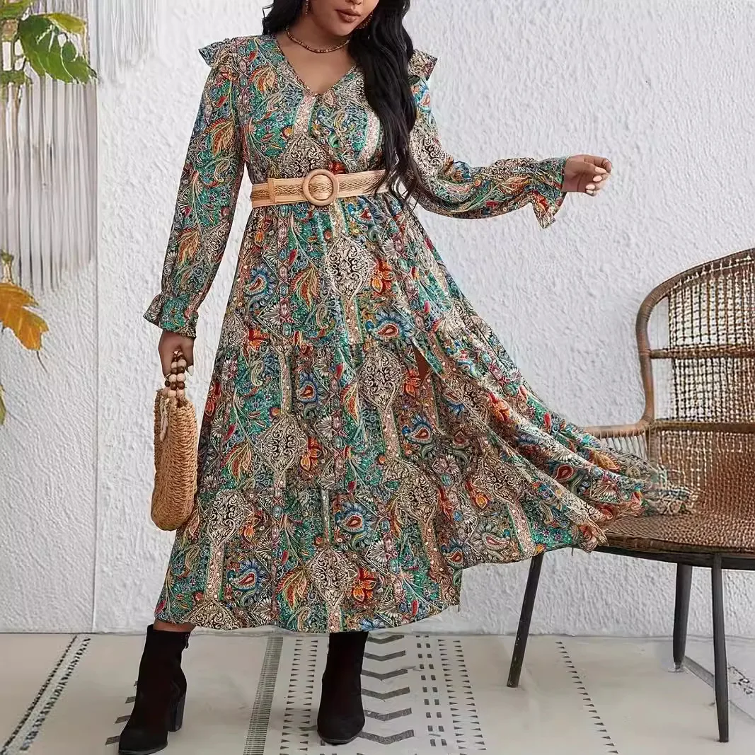 Plus Size Paisley Print Midi Dress Oversized Long Sleeve Ruffle Hem Dress for Women Bohemian Style