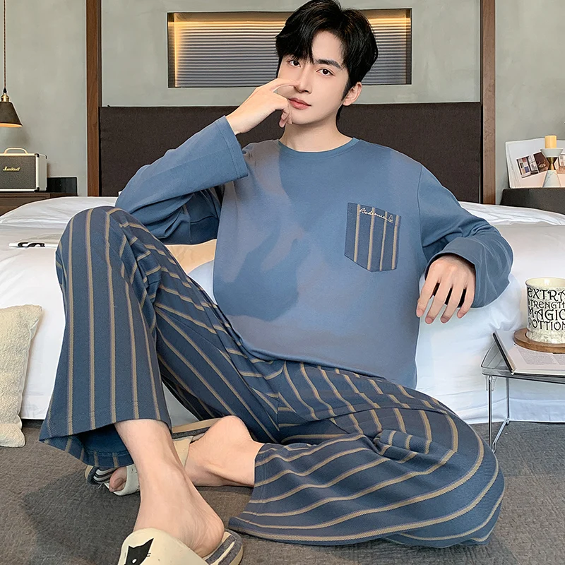 

Plus Size L-5XL Men 100% Cotton Pajamas Set Spring and Autumn Male Long Sleeve Casual Sleepwear