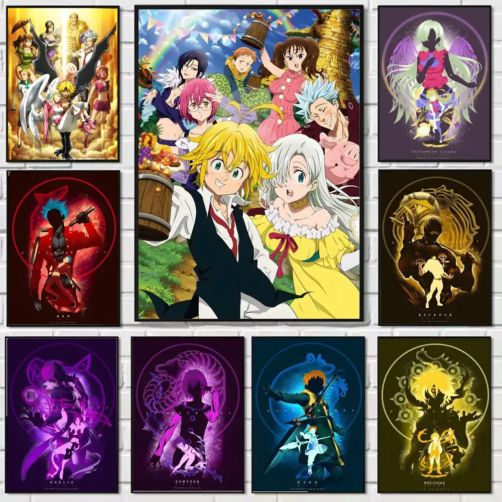 Póster en lienzo de caligrafía con pintura de Anime clásico de los siete pecados capitales: decoración de pared impermeable sin arrugas para todos los espacios