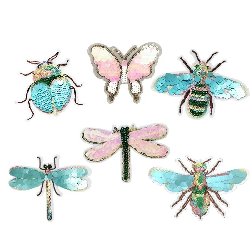 Embroidery Sequined Dragonfly Patches for Jeans,sequin Bee Appliques Badges Jackets,iron on cloth appliqued Beetle Patch