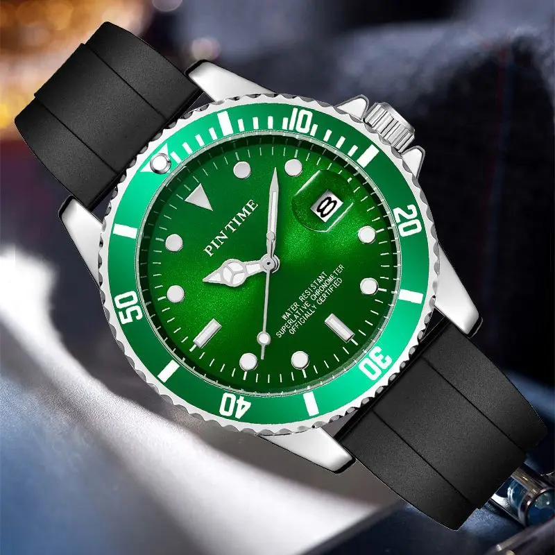 PINTIME Herrenuhr Mode Sport Quarz Armbanduhr Silikonarmband Edelstahlgehäuse Wasserdicht Datum Uhr Relogios Masculino